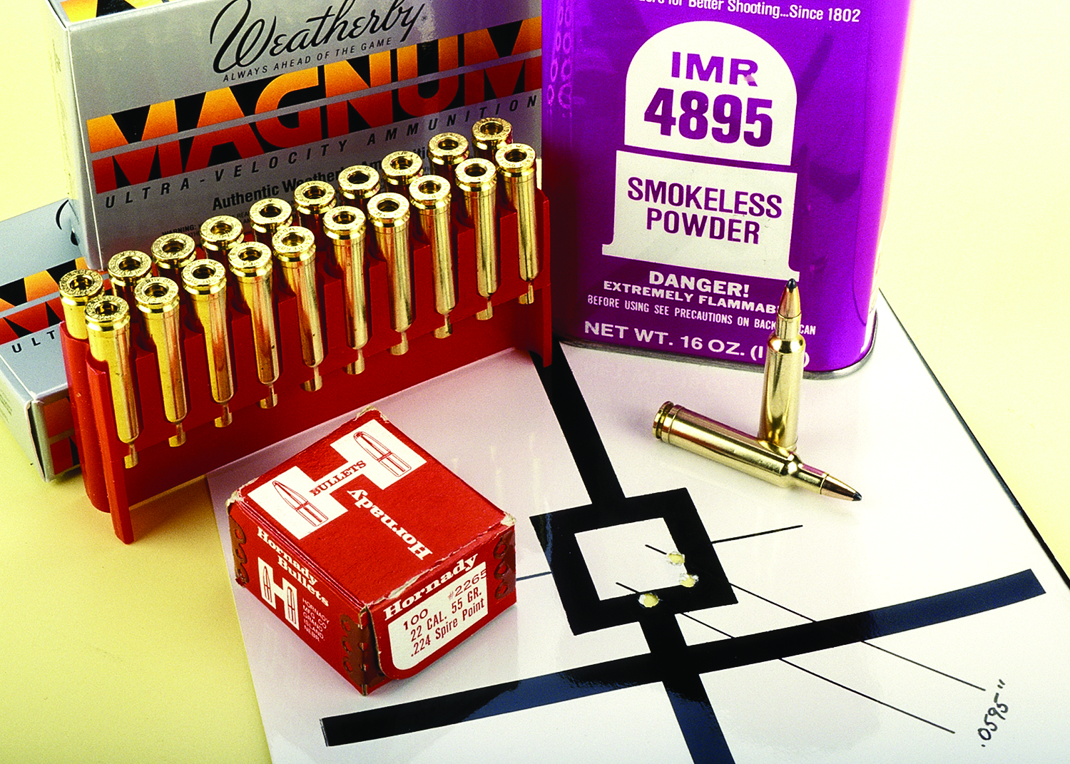 For his efforts in reloading, this is the result of fine-tuning his Weatherby VarmintMaster in the 224 Weatherby Magnum to a group closing in on a half inch at 100 yards.